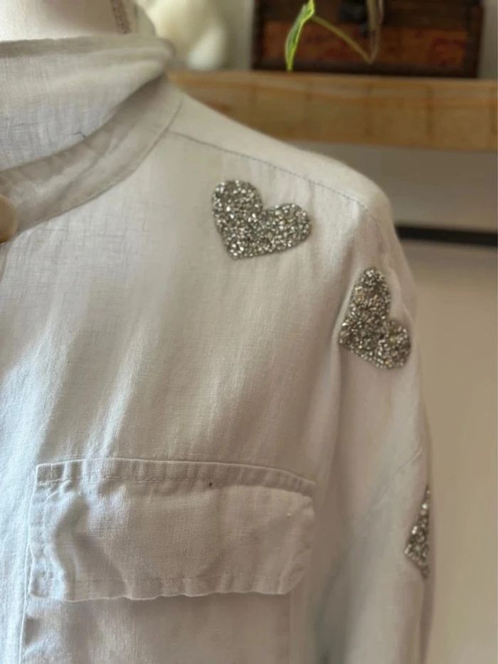 Chemise tunique blanche en lin – Cœurs argentés – Carla Giannini Paris – Taille Unique - photo numéro 5