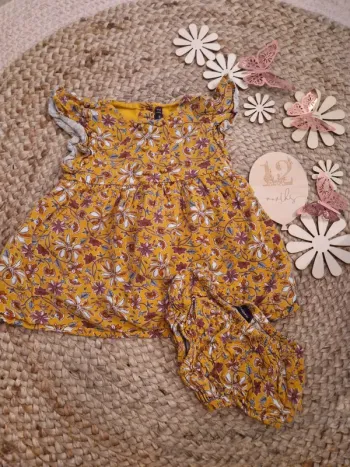 Robe et bloomer moutarde fleurie sergent major bébé fille 12 mois