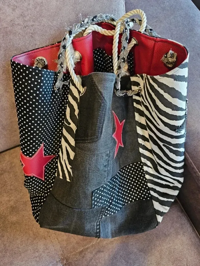 Sac cabas unique fait main – Patchwork denim, zèbre & pois – Style vintage original - photo numéro 5