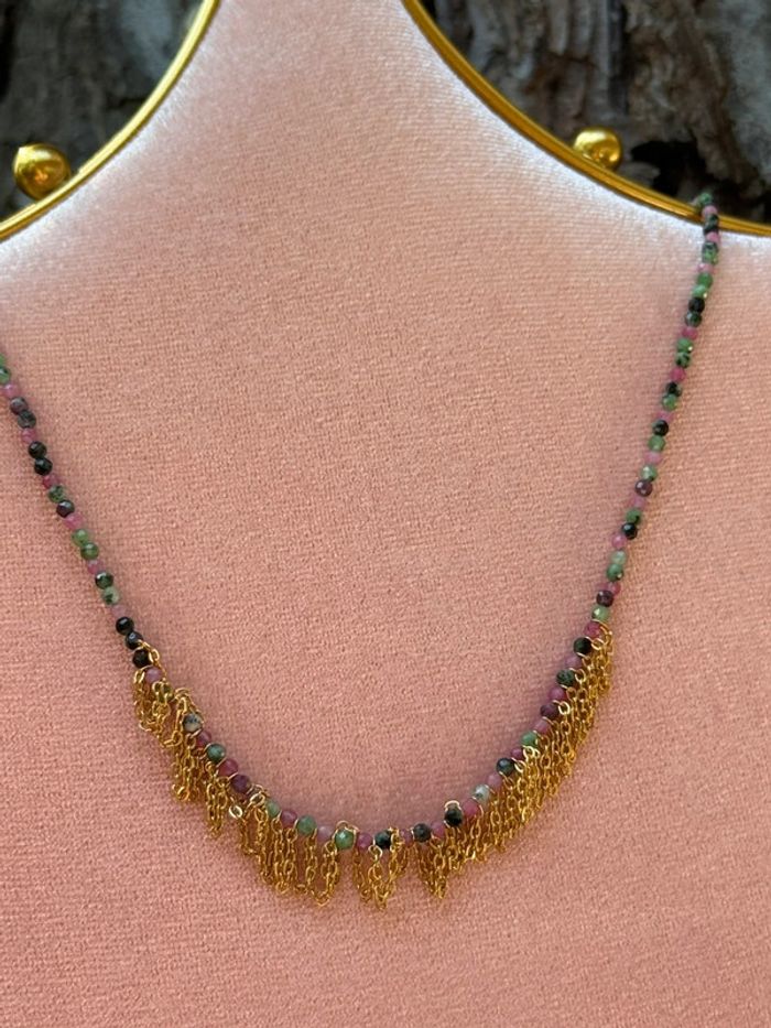 Collier réglable perles naturelles jade vert rose améthyste chaînes acier inoxydable or habaha Paris