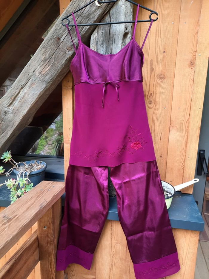 Superbe pyjama 2 pièces Etam, satin et transparent, violet, taille 38