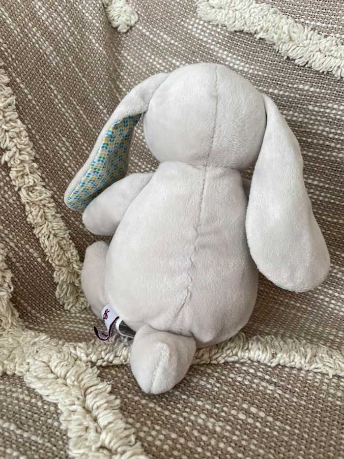 Peluche doudou 21cm Luc et Léa lapin gris et bleu vert très bon état - photo numéro 3