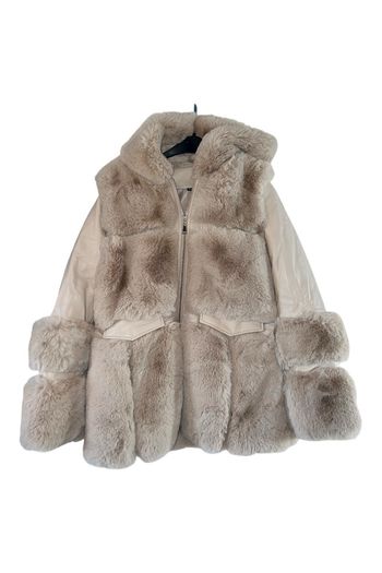 Veste beige en fausse fourrure et tissu – Capuche – Style chic et cosy