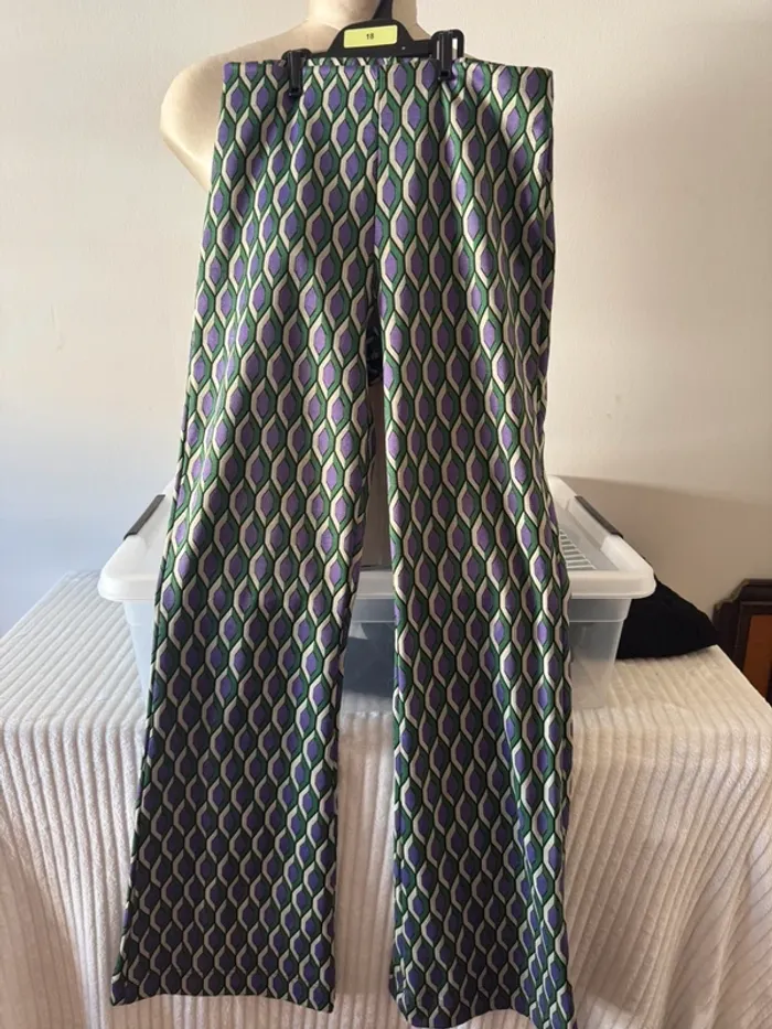 Pantalon Motif Géométrique Violet & Vert - Taille Haute / Évasé