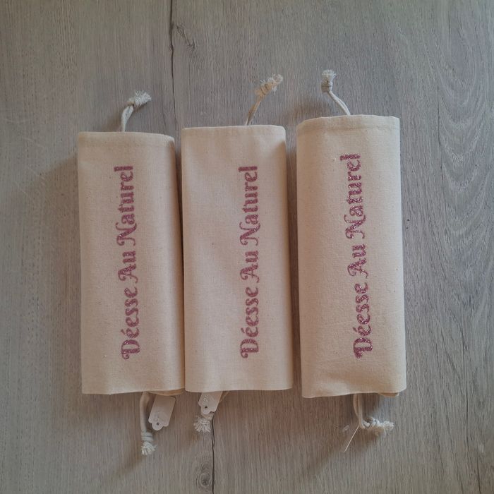 Lots de 3 pochons en coton 20x30 cm crème avec inscriptions fuchsia pailletées - Déesse au Naturel - photo numéro 5