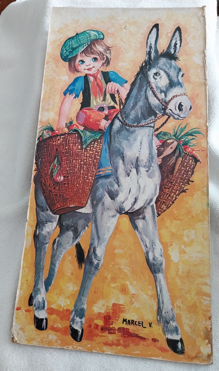 Vintage tableau panneau Poulbot le garçon et l'âne signé Marcel V sur Isorel