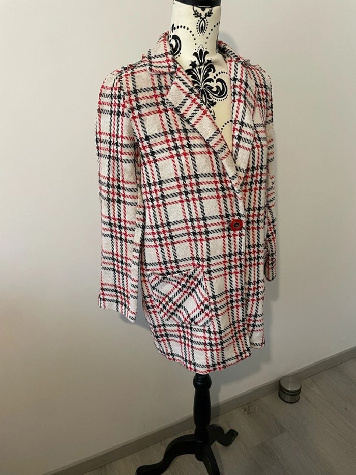 Veste blazer oversize à manches longues à carreaux blanc cassé rouge et noir Johanna Paris taille M - photo numéro 2