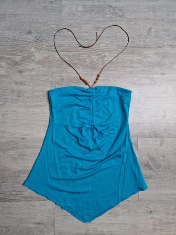 Top vintage turquoise Pimkie XS neuf avec perles en bois