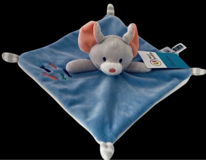 ❤️B5055 Doudou plat Mouchoir souris gris bleu blanc poissons U TOUT PETITS SUPER