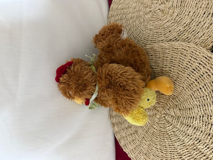 Doudou poule ALTHANS CLUB avec son petit bébé orange jaune foulard blanc vert - photo numéro 2