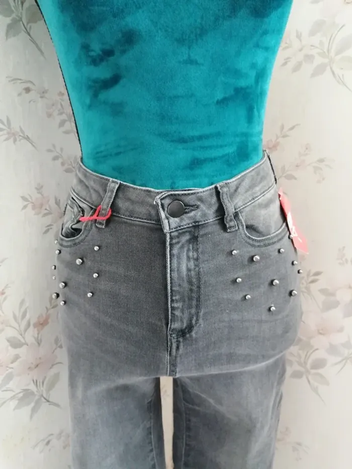 Jeans gris foncé skinny taille haute high waist avec perles / camaïeu / (40) - photo numéro 3