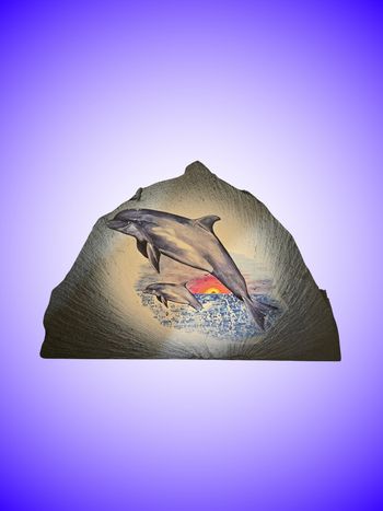 Décoration Murale Ardoise Naturelle – Scène Dauphins et Mer – Fait Main / Peinte – Bon État
