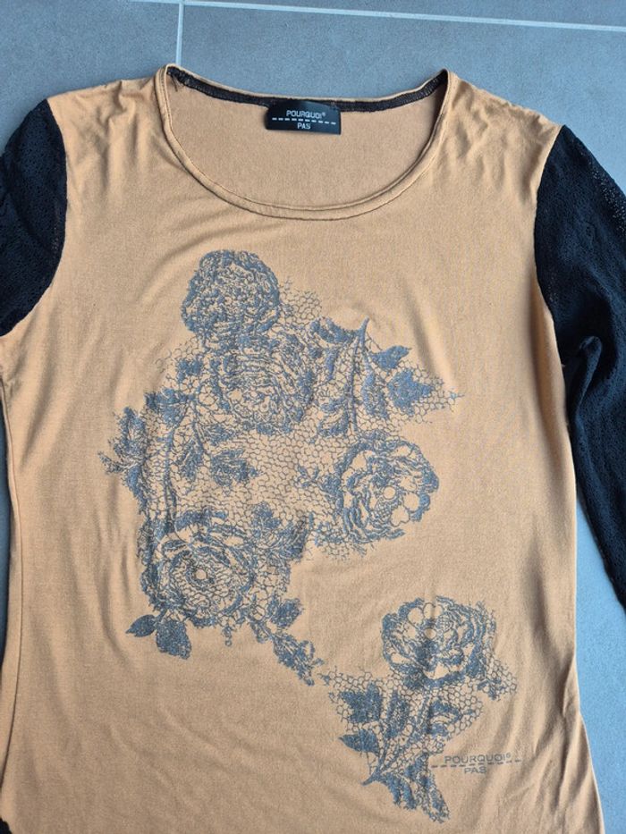 T shirt manches longues beige+dentelle noire - photo numéro 2