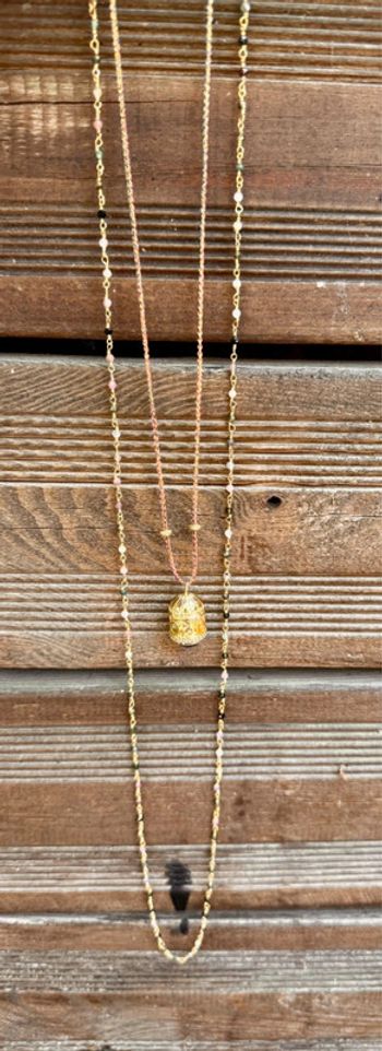 Sautoir habaha Paris 2 rangs perles naturelles grigri acier inoxydable cristaux