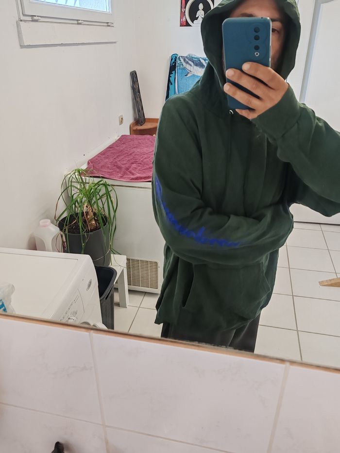 Sweat à capuche Champion, logos floqués+ brodé. Vert, XL.