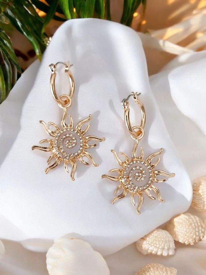 Magnifique paire de boucles d'oreilles pendantes - soleil doré - acier inoxydable 🌊