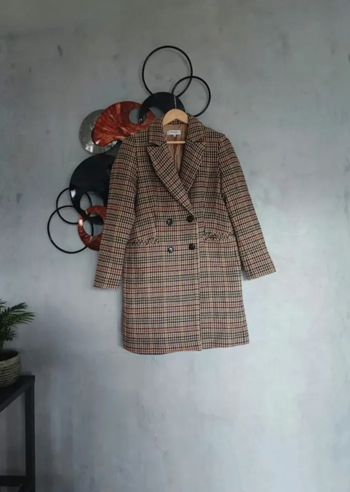 Manteau mi-long tartan beige marron Formula Joven