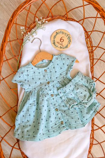 Robe et bloomer bleu pastel cerises, Orchestra, 6 mois