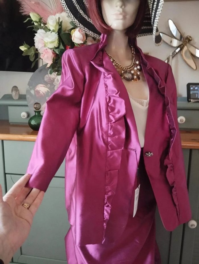 🌹 Ensemble Veste & Jupe Magenta Pure Soie Sintesis T50/52🌹 - photo numéro 10
