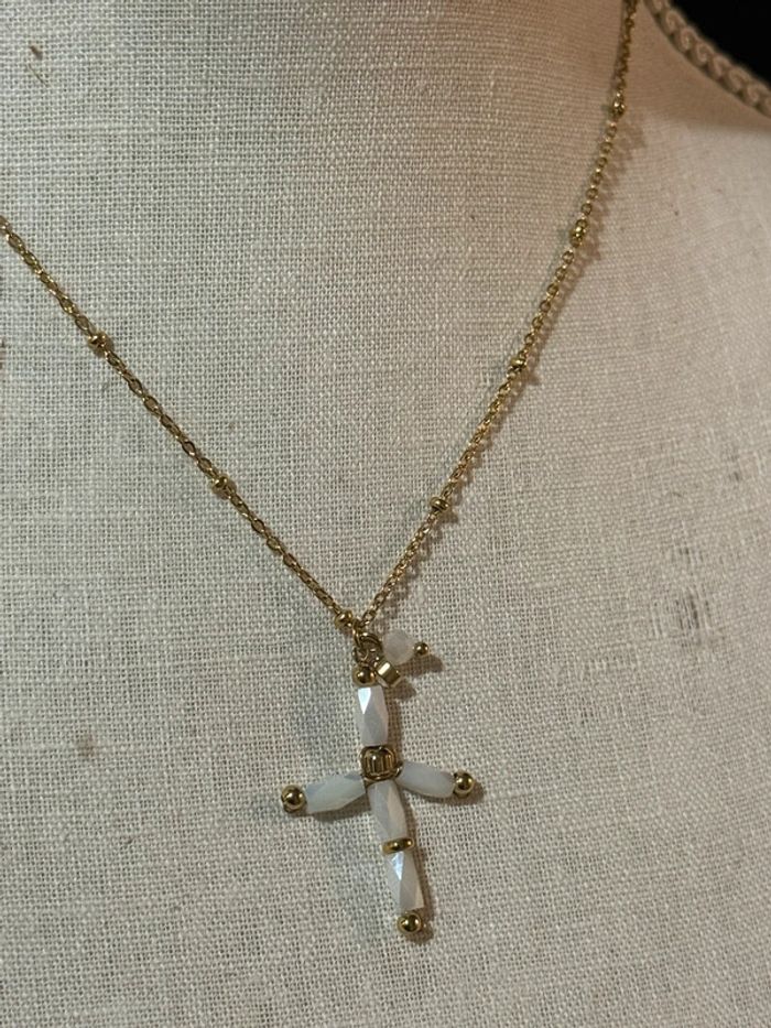 Collier réglable acier inoxydable or croix xl perles nacrés - photo numéro 7