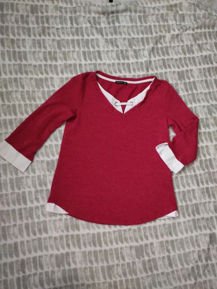 Pull manches 3/4 rose fushia blanc Bréal taille S 36 - photo numéro 1