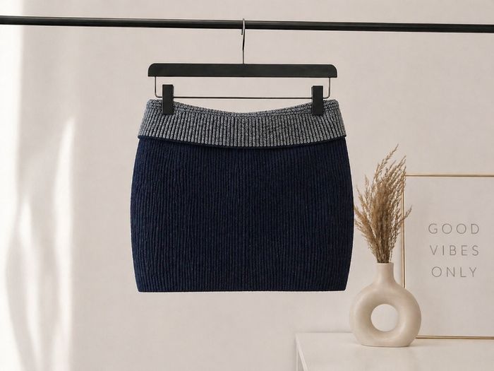 Jupe mini maille côtelée bleu marine fermeture zip style chic Y2K - photo numéro 3