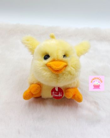 Petite peluche doudou poussin jaune orange TRUDI yeux durs longueur 16 cm