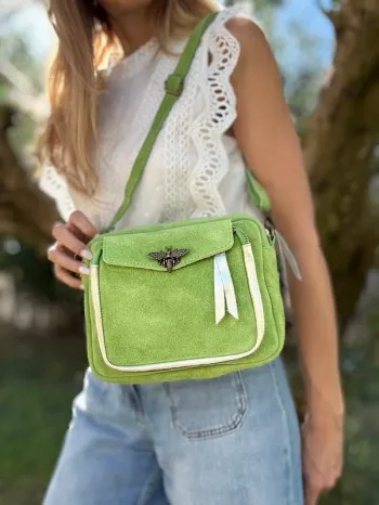 Sac cuir vert pomme avec fermeture abeille