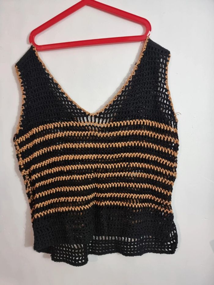 Debardeur tricot style bohème bicolore noir et caramel