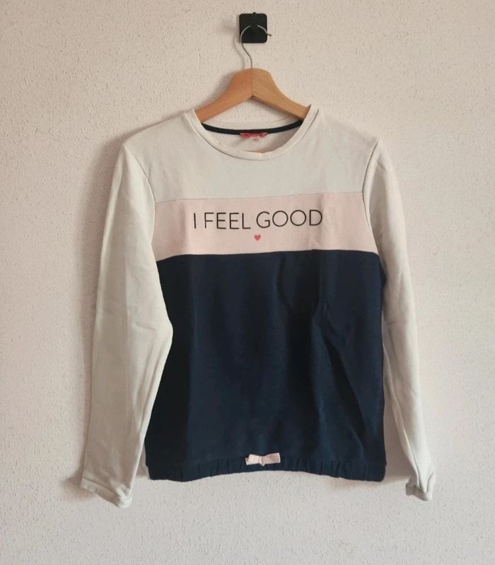 Sweat fille 14 ans – Okaïdi – bleu marine/blanc – comme neuf