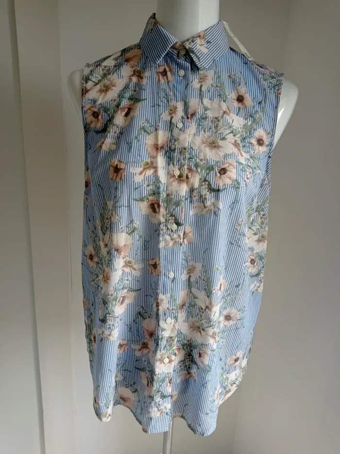 Haut débardeur bleu imprimé fantaisie rayures et fleurs neuf avec étiquette T.L H&M