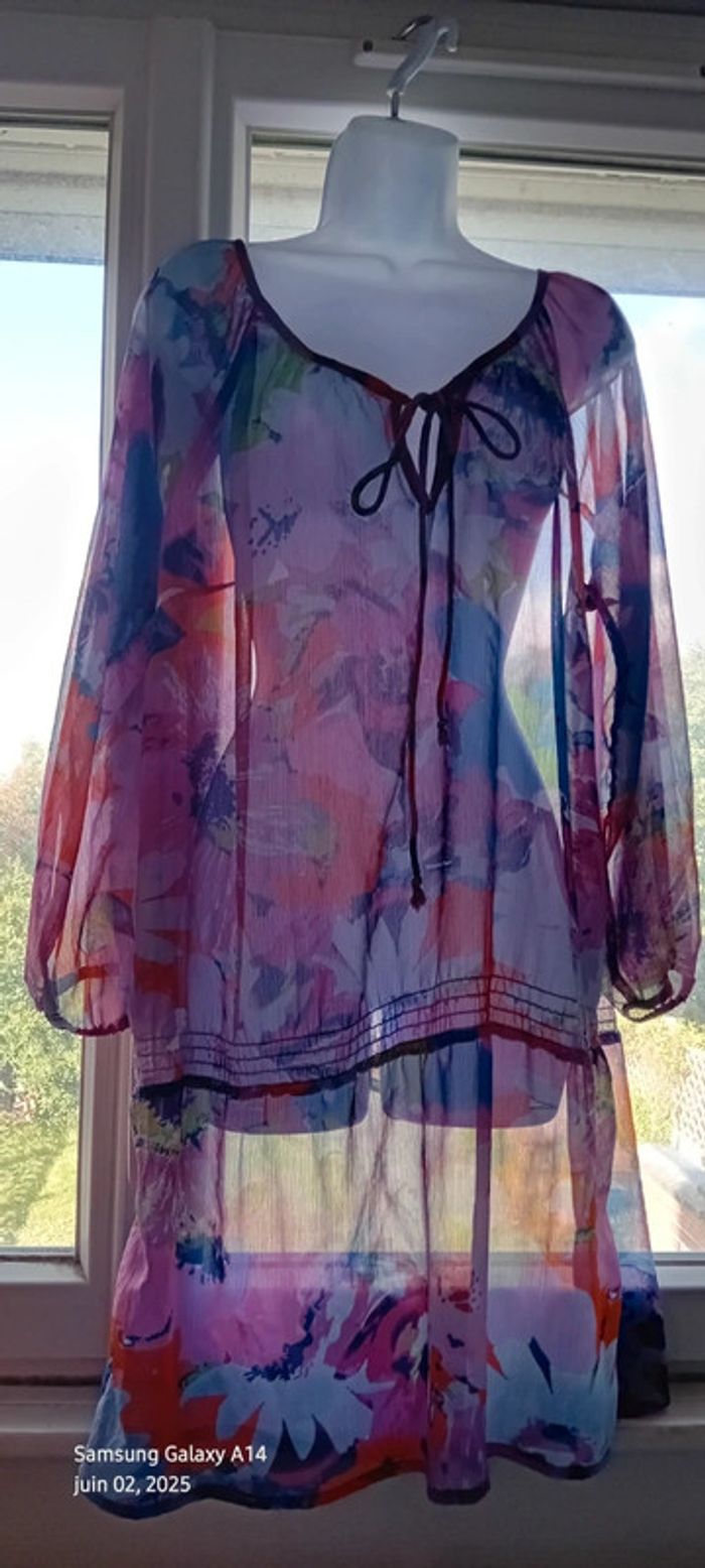 Robe tunique longue en voile motif floral coloré femme 44/46 yessica - photo numéro 12