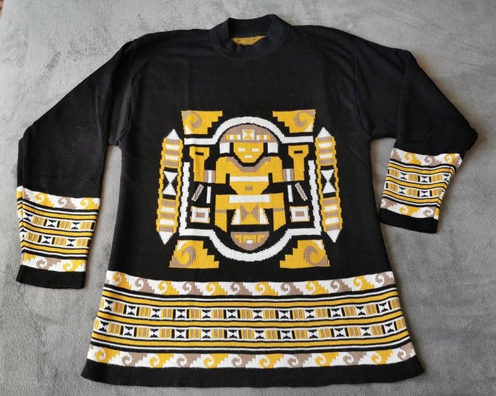 Pull inspiration aztèque noir jaune blanc taille L 40