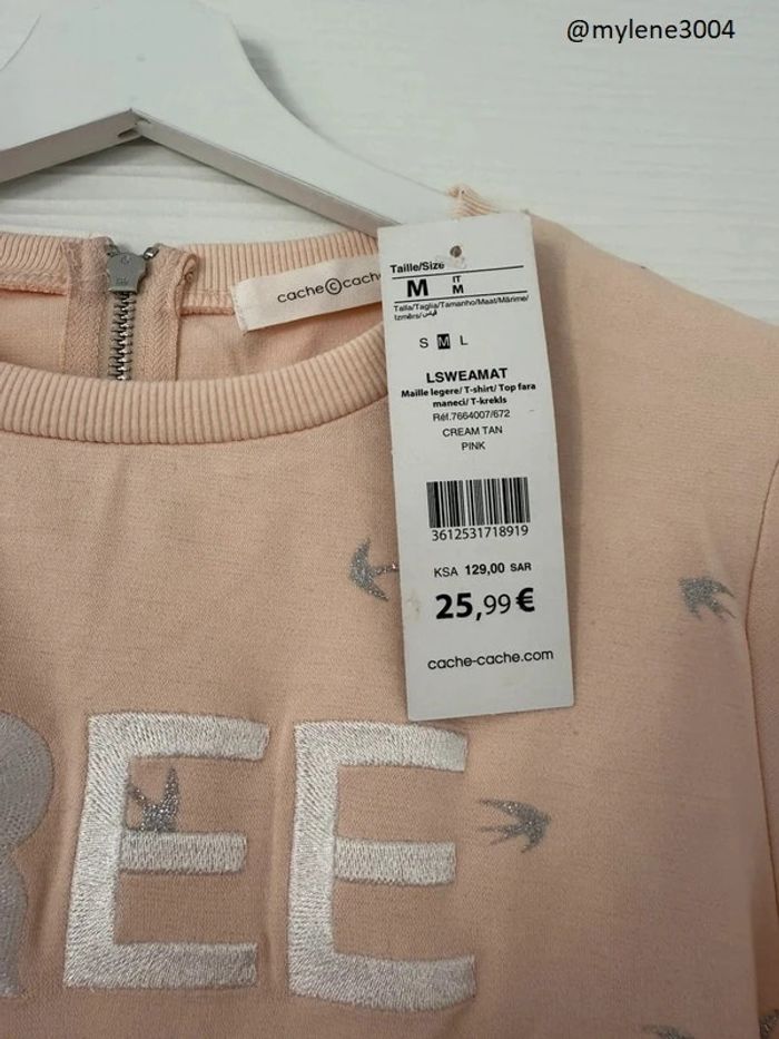 Sweat rose abricot motifs oiseaux et écritures à manches longues et fermeture éclair dos - photo numéro 4