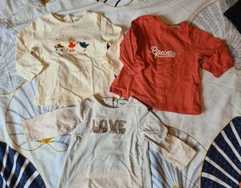 Lot 3 Tee-shirt manches longues.  Haut.  9 mois. Tape à l œil. Corail,  beige,  crème 