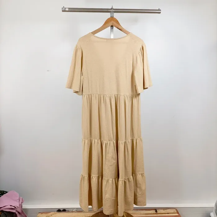 Robe longue beige CMT Atelier col cache-cœur manches courtes fluide T38 coton élasthanne A1260 - photo numéro 8