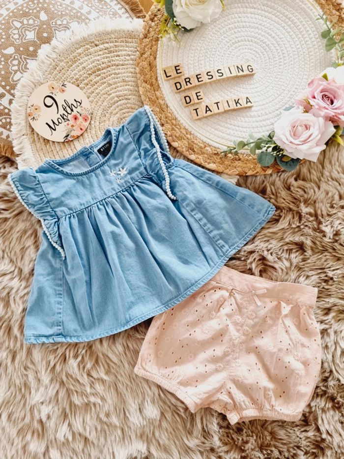 Ensemble blouse en jeans short broderie 9 mois bébé fille