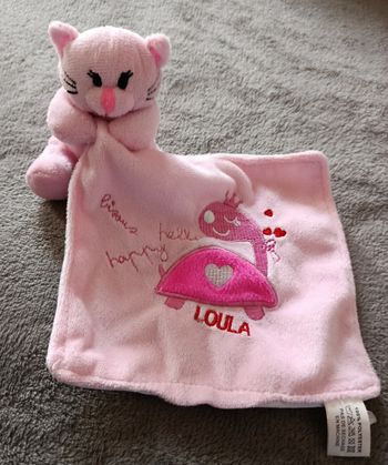Doudou peluche chat rose - mouchoir - prénom Loula