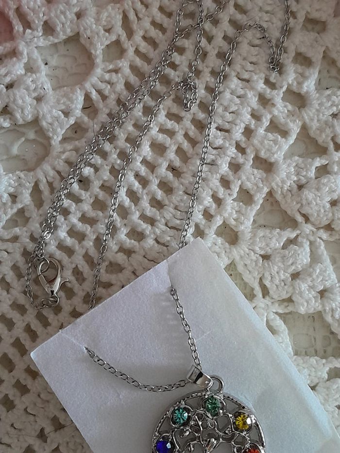 Collier pendentif arbre de vie, 7 chakras, argenté - photo numéro 3