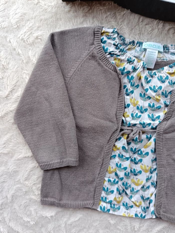 Tunique manches longues style gilet Fille 12 mois fleurs Obaïbi 100% coton - photo numéro 3