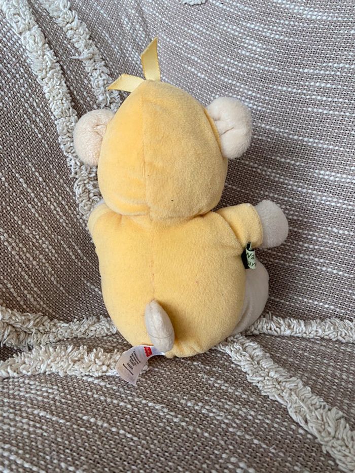 Peluche doudou 20cm fisher price ours jaune et beige à capuche carreau très bon état - photo numéro 3