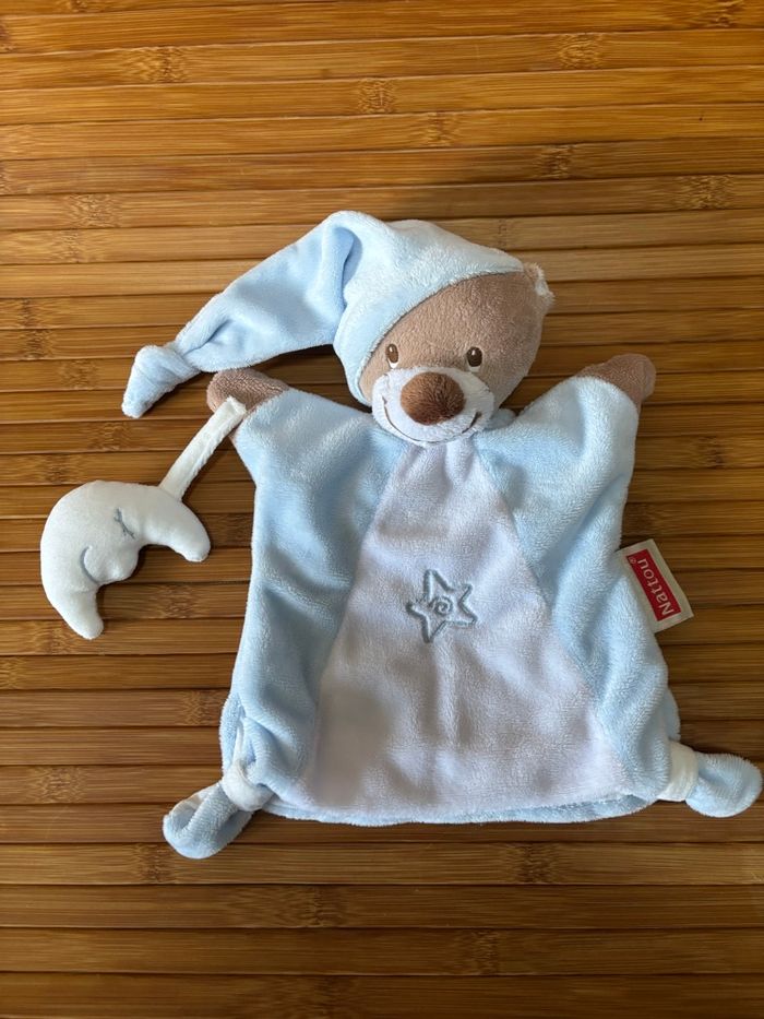 Neuf doudou marionnette ours bleu blanc lune nattou