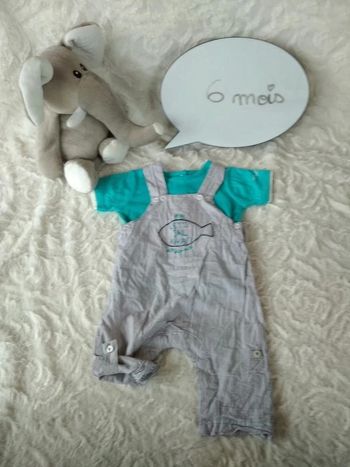 Ensemble (salopette (tee shirt) Garçon 6 mois Poisson Sous marin Tissaia 100% coton