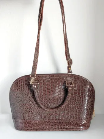 Sac à main marron cuir vernis bandoulière amovible écaille vintage / Lucia Tommasi - 33x24x17cm