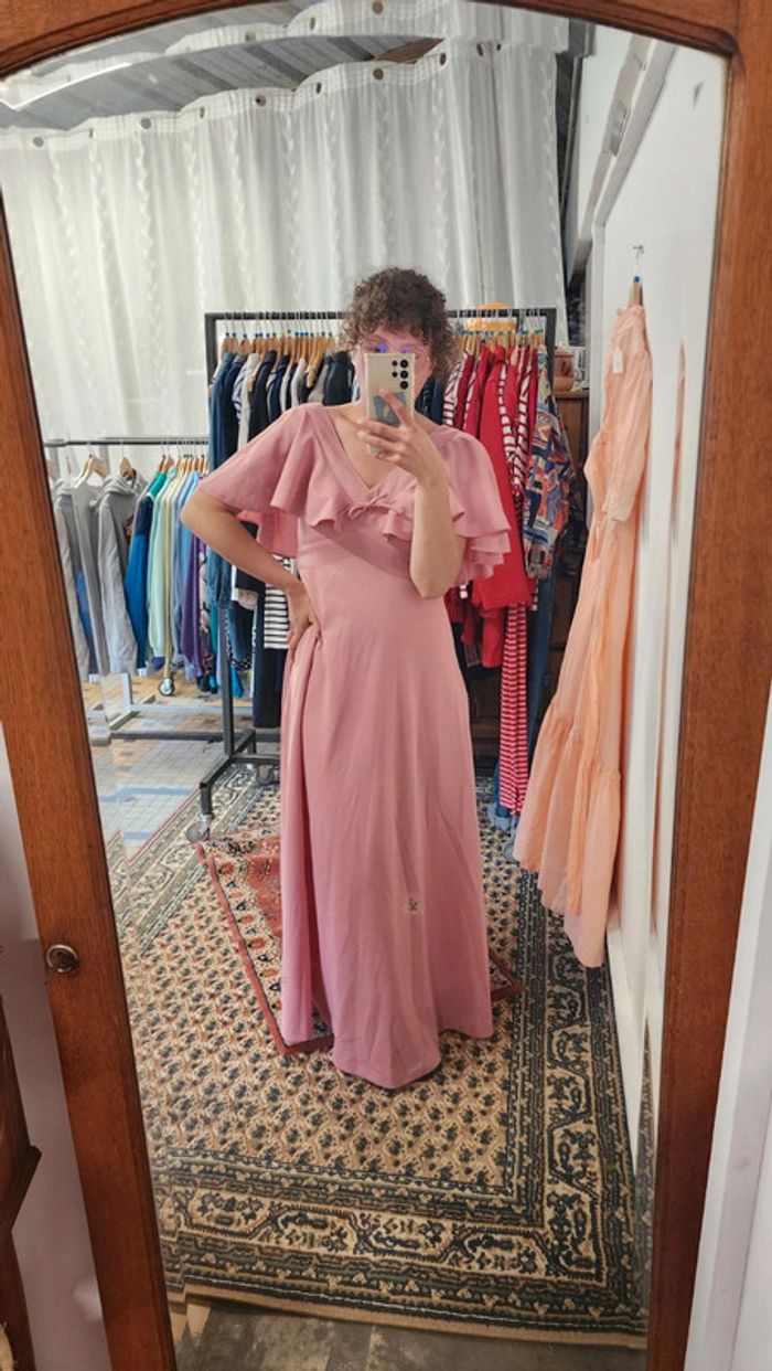Jolie robe de cérémonie vintage 70's 80's rose pastel a volants - photo numéro 2