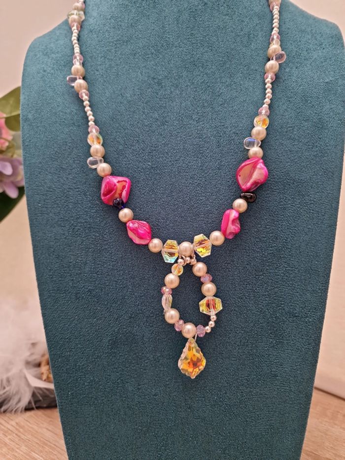 Collier Sautoir Perles Nacrées Perles Cristal Perles Coquillage Fushia - photo numéro 9