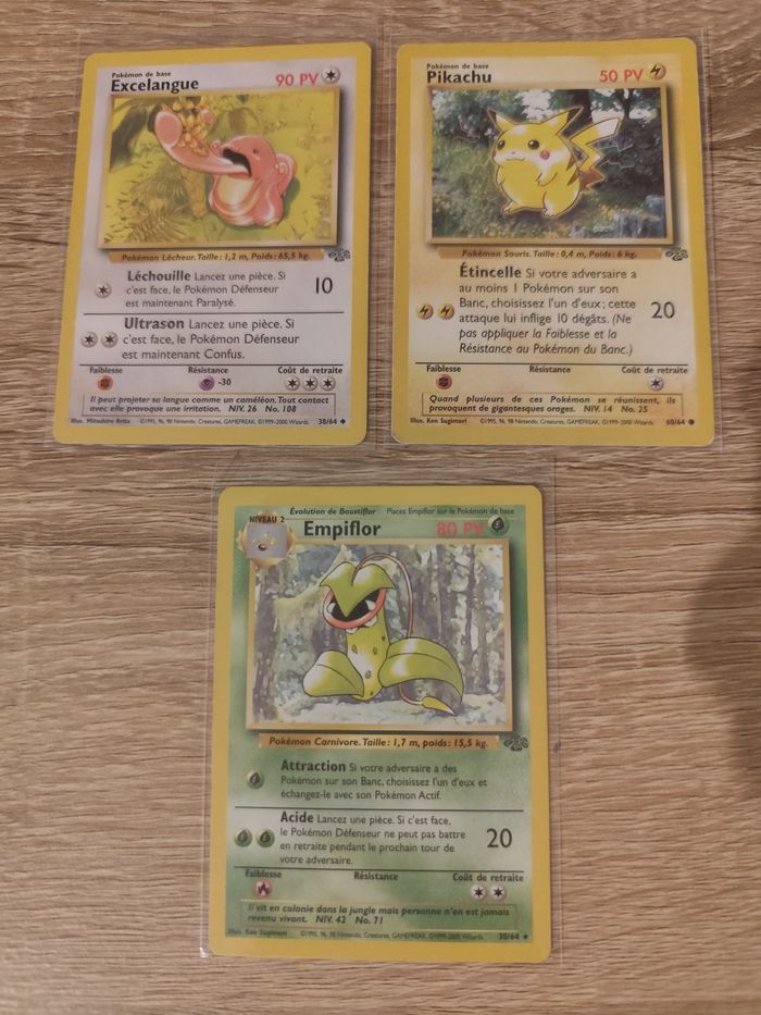 Lot 3 cartes Pokémon anciennes jungle wizards Pikachu Empiflor Excelangue très bon état