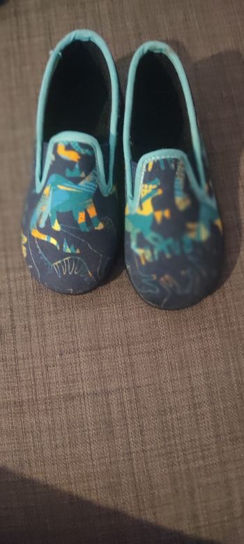 Pantoufles bleues dinosaure.