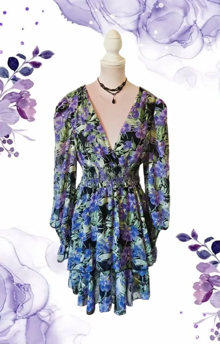💜🌿Robe courte à volants 36/38 coquette fairycore cottagecore whimsigoth Floral ruffled Mini Dress🌿💜