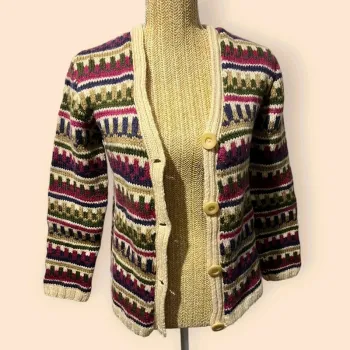 Cardigan rétro vintage à imprimé géométrique – boutonnière beige – style années 80